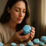 Žena skúma modrý kameň larimar s upokojujúcim výrazom.