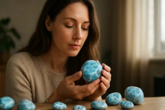 Žena skúma modrý kameň larimar s upokojujúcim výrazom.