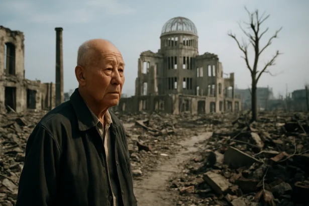 Muž v troskách Hirošimy po atómovej bombe, symbol tragédie.