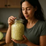 Žena s pohárom kyslej kapusty, symbol zdravotných benefitov pre pečeň.