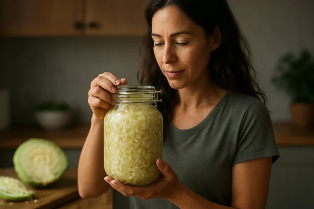 Žena s pohárom kyslej kapusty, symbol zdravotných benefitov pre pečeň.