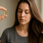 Mladá žena sa pozerá na vitamín, ktorý podporuje rast vlasov