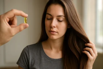 Mladá žena sa pozerá na vitamín, ktorý podporuje rast vlasov