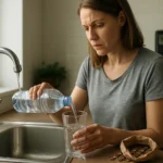 Žena nalieva vodu z fľaše do sklenenej pohára pri umývadle.