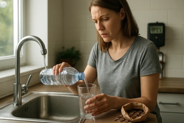 Žena nalieva vodu z fľaše do sklenenej pohára pri umývadle.