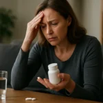 Žena s liekom v ruke, zamyslená a znepokojená