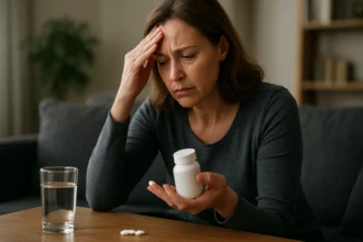 Žena s liekom v ruke, zamyslená a znepokojená