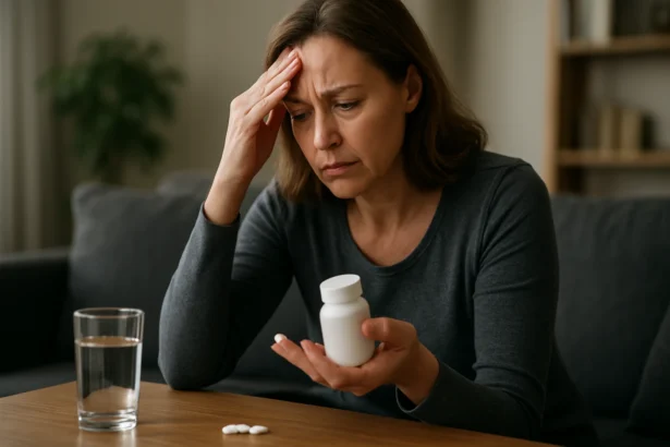 Žena s liekom v ruke, zamyslená a znepokojená