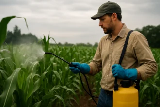 Farmár striekajúci tebukonazol na rastliny v poli.