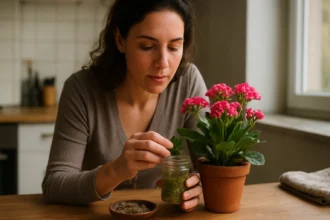 Žena skúma skalnú ružu a pripravené liečivé bylinky v kuchyni.