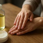 Ruky s parafínovým olejom a krémom na drevenej doske.