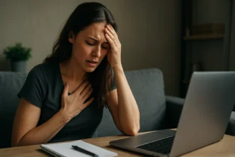 Žena s úzkosťou za počítačom počas autogénneho tréningu