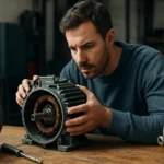 Muž skúma elektromotor na pracovnom stole