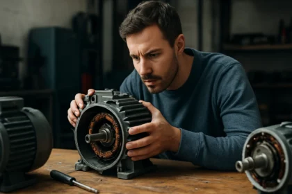 Muž skúma elektromotor na pracovnom stole