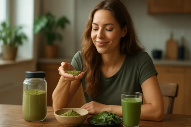 Žena skúma konopný proteín v práškovej forme na stole