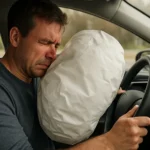 Muž v aute s nafúknutým airbagom, zobrazuje bezpečnostnú technológiu.