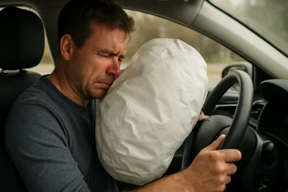 Muž v aute s nafúknutým airbagom, zobrazuje bezpečnostnú technológiu.