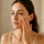 Žena nanášajúca pleťový produkt na svoj tvár pre zdravú pleť.