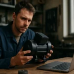 Muž skúma vibromotor na pracovnom stole vedľa laptopu