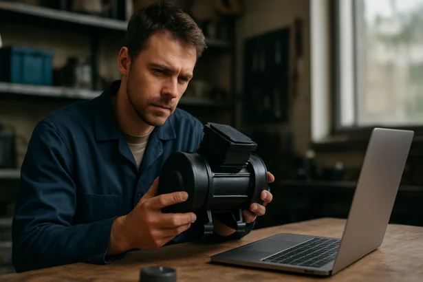 Muž skúma vibromotor na pracovnom stole vedľa laptopu