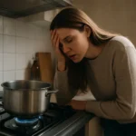 Žena sťažujúca sa na bolest hlavy pri varení na plynovom sporáku