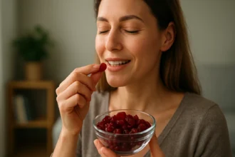 Žena si vychutnáva sušené brusnice v miske, s úsmevom na tvári.