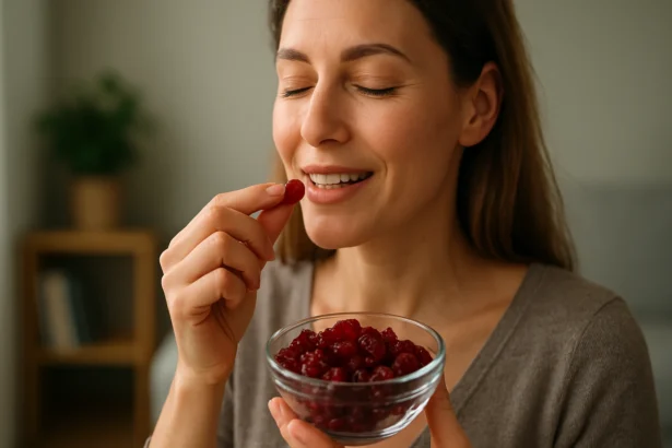 Žena si vychutnáva sušené brusnice v miske, s úsmevom na tvári.