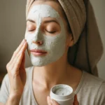 Žena aplikujúca biely íl na tvár pre zdravú pleť.