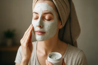 Žena aplikujúca biely íl na tvár pre zdravú pleť.