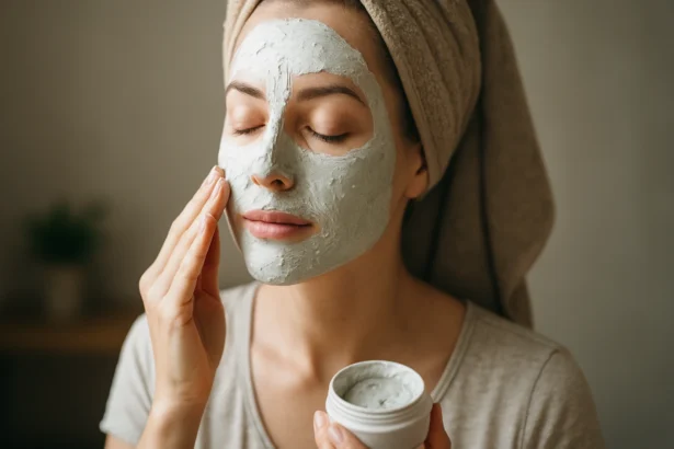 Žena aplikujúca biely íl na tvár pre zdravú pleť.