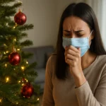 Žena s maskou proti alergiám pri vianočnom stromčeku.