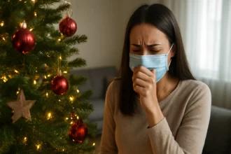 Žena s maskou proti alergiám pri vianočnom stromčeku.