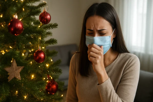 Žena s maskou proti alergiám pri vianočnom stromčeku.