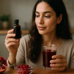Žena drži granátový koncentrát a nápoj z granátového jablka.