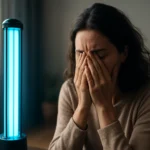 Žena s tvárou zakrytýma rukami vedľa germicídnej lampy.