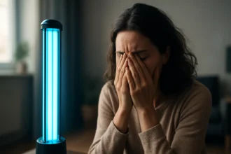 Žena s tvárou zakrytýma rukami vedľa germicídnej lampy.