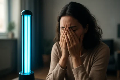 Žena s tvárou zakrytýma rukami vedľa germicídnej lampy.