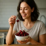 Žena vychutnávajúca si čerešne v kuchyni, posilňujúca svoje zdravie.