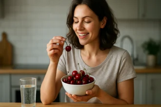 Žena vychutnávajúca si čerešne v kuchyni, posilňujúca svoje zdravie.