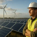 Muž pred solárnymi panelmi a veternými turbínami