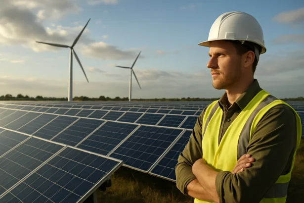 Muž pred solárnymi panelmi a veternými turbínami
