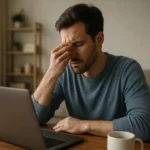 Muž s únavou pracuje na počítači doma s hrnkom kávy.