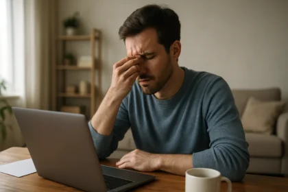 Muž s únavou pracuje na počítači doma s hrnkom kávy.