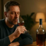 Muž vychutnáva koňak v pohári pri osvetlenom stole