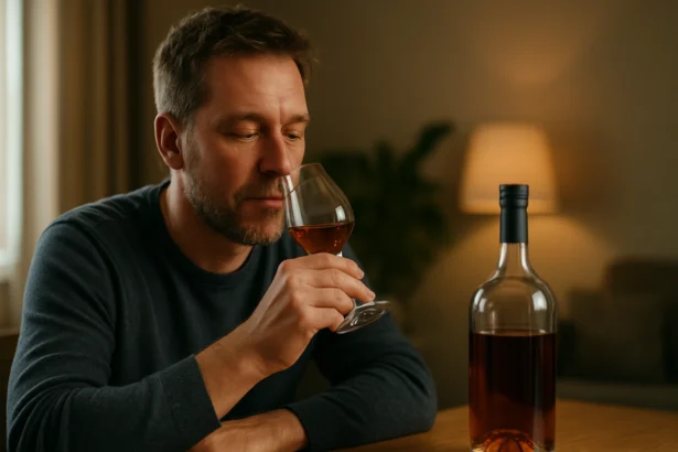 Muž vychutnáva koňak v pohári pri osvetlenom stole