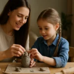 Matka a dcéra modelujú z hliny na stole, zlepšujú kreativitu detí.