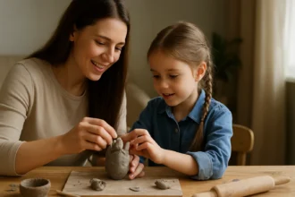 Matka a dcéra modelujú z hliny na stole, zlepšujú kreativitu detí.