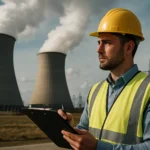 Muž s helmicou v jadrovej elektrárni kontroluje výrobu elektriny.