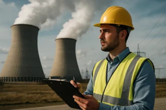 Muž s helmicou v jadrovej elektrárni kontroluje výrobu elektriny.