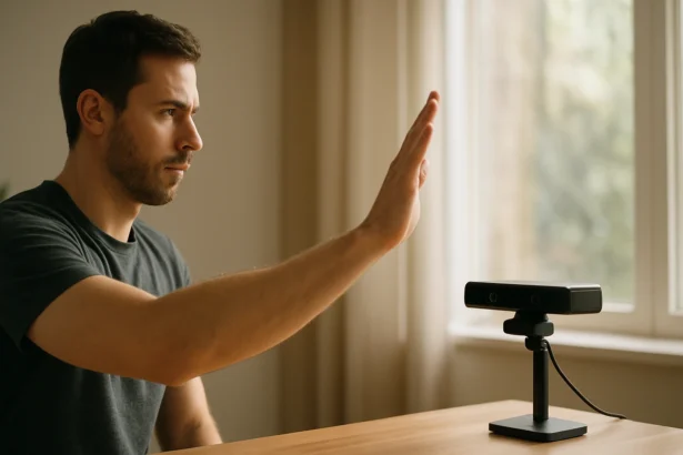 Muž používa pohybový senzor Kinect na interakciu